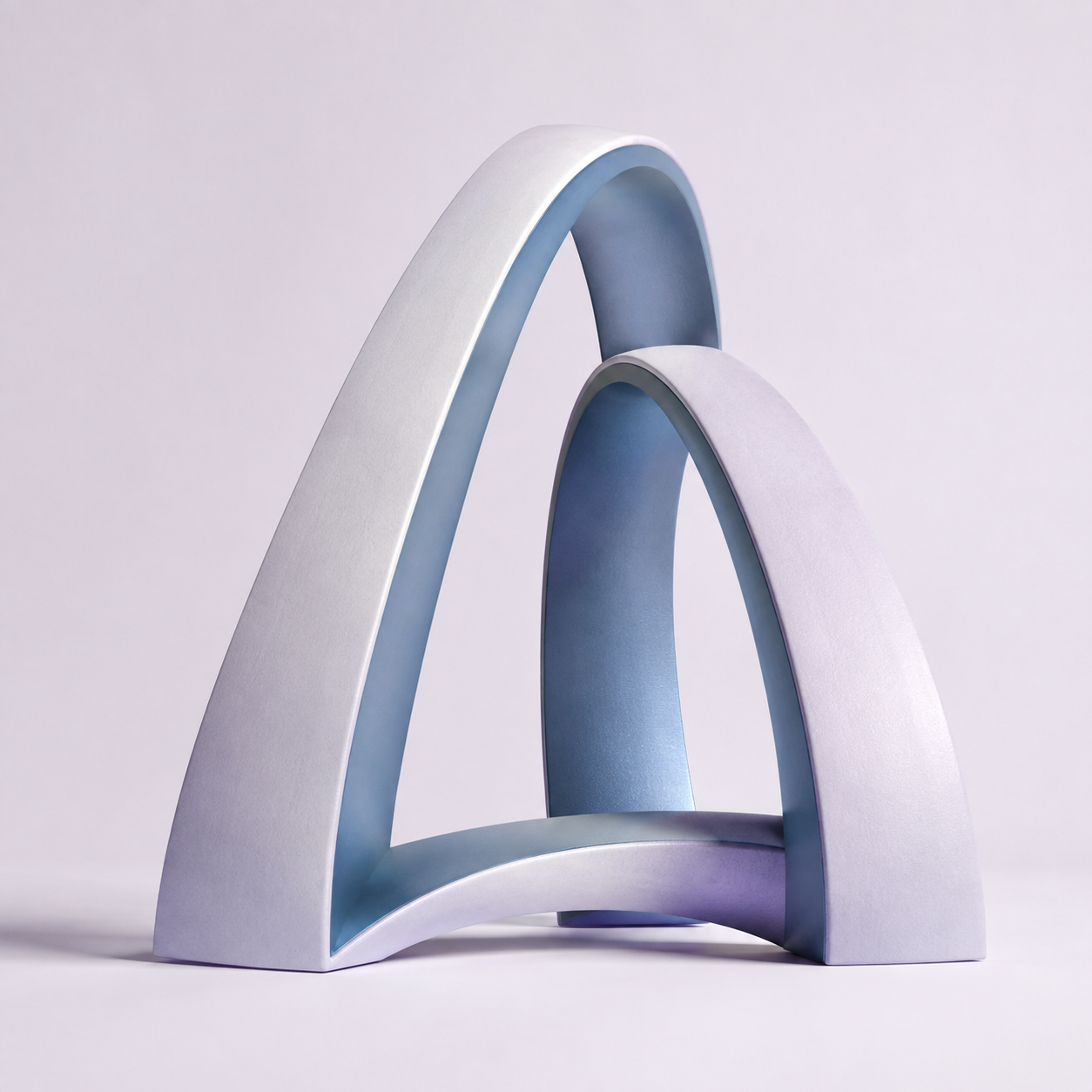 Two pearl and blue sculptural arches joined by a sweeping band