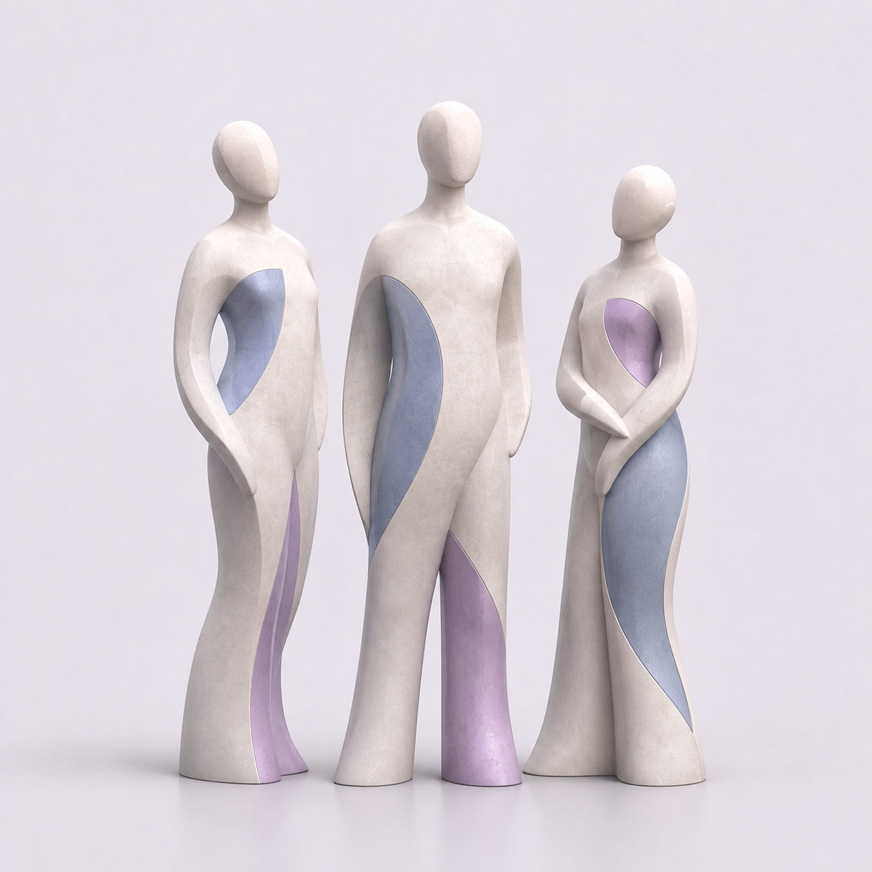 Three faceless pearl-stone figures with flowing blue and lavender accents